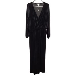Joe Fresh Velour Black Wide Leg Jumpsuit Surplice Top Pockets Womens Size Large